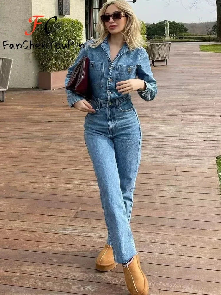 Spring New Women's Pants Suit Fashion Vintage Casual Temperament Long Sleeve Straight Leg Exquisite Denim Jumpsuit Female