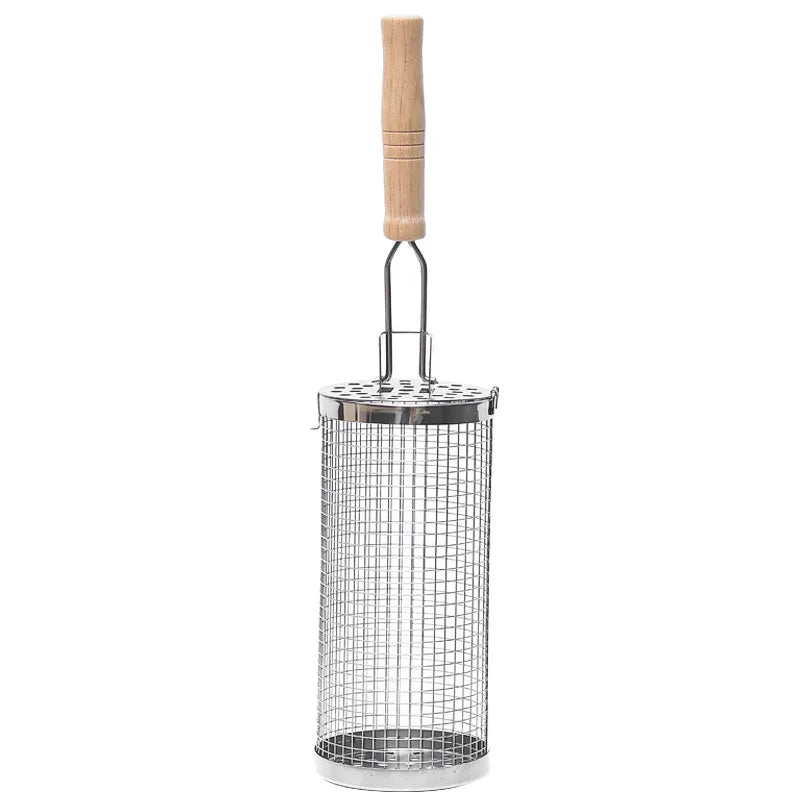 Round Barbecue Grill Basket Set Stainless Steel Rolling Steel Mesh Tube Barbecue Grill with Handle Essential for Outdoor Camping