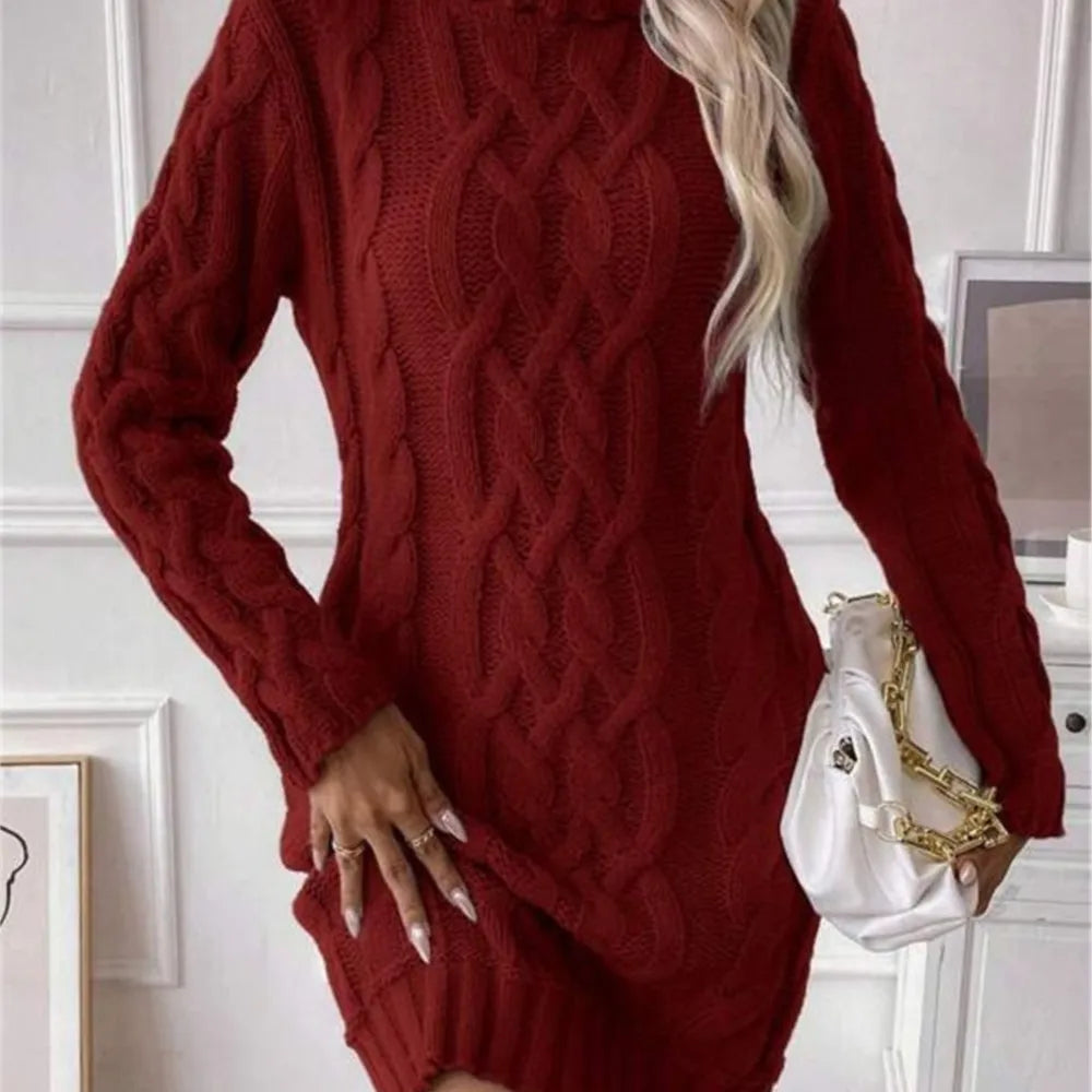 4 Colors UK Size Winter Warm Wool Clothes Woman Pulls Femmes High Neck Vestido Slim Fit Woolen Sweater Knitted Long Sleeve Dress All-Match Simple Style Commuting