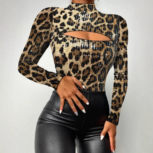 NEW Bodysuit Women Fall New Leopard Shirt Leopard Pattern Mock Neck Long Sleeve Skinny Contrast Sequin Hollow Out Overalls Ladies Sexy Fashion Clothing Supplies