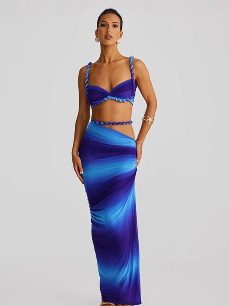 NEW 2PCS Set S-XL UK Size 12 Colors Italian Design Square Collar  Women Bra +Skinny Long Skirts Bandage Ruched  Summer Vacation Beach Party Trend Suits
