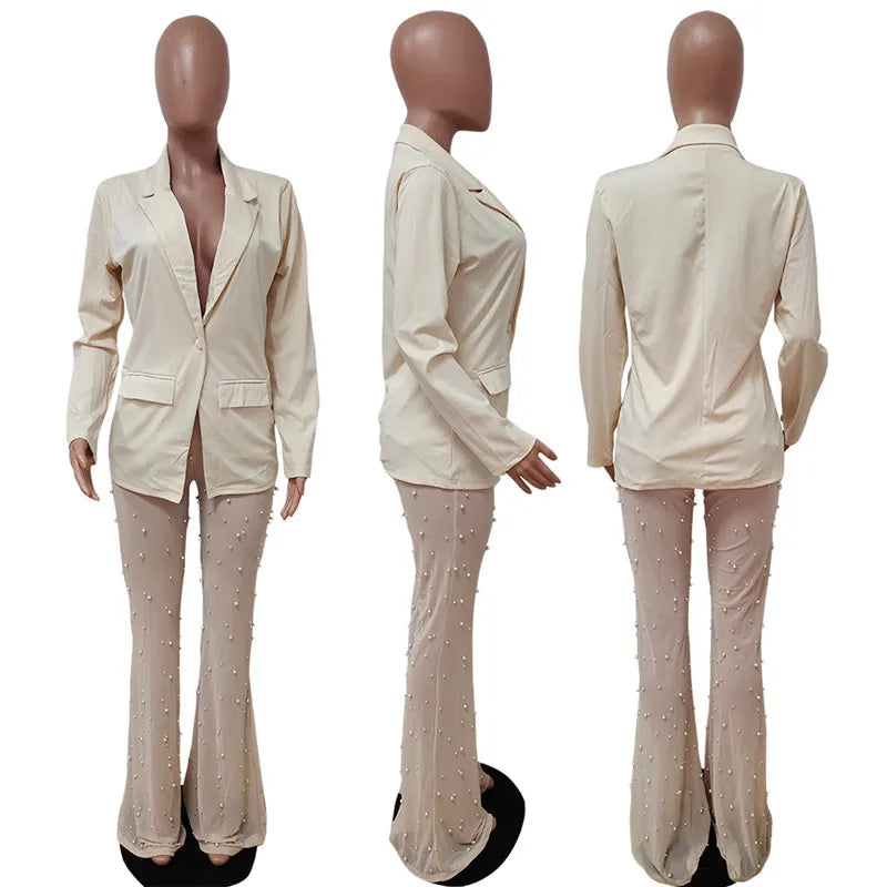 NEW arrivals 2PCS Set  S-2XL 3 Colors Women Sexy Outfits Clubwear Single Button Blazer Coats Pearls Mesh Sheer Pant Suits Y2K Clothes Matching Sets Girls Sexy Fashion Clothing Supplies