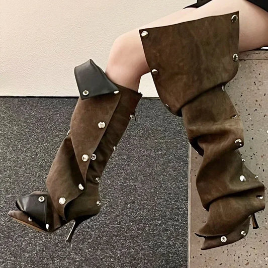 Just Arrived 7 Colors High Heel Long Boots for Women Botte Winter Boots Shoes Botas Mujer Thin Heeled Pointed Leather Denim Metal Button Shoe s Women Casual Apparel Accessories
