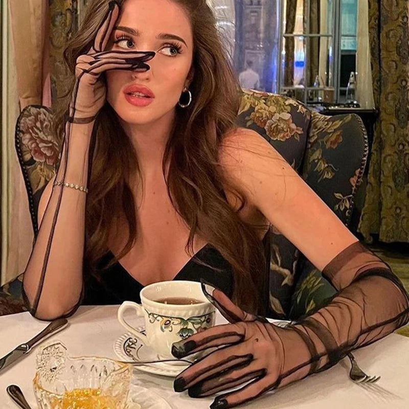 8 Colors 70cm Sexy Lace Net Yarn Mesh Breathable Long Gloves Hollow Transparent Thin Touch Screen Summer Sunscreen  Women Gloves Ladies Apparel Accessories