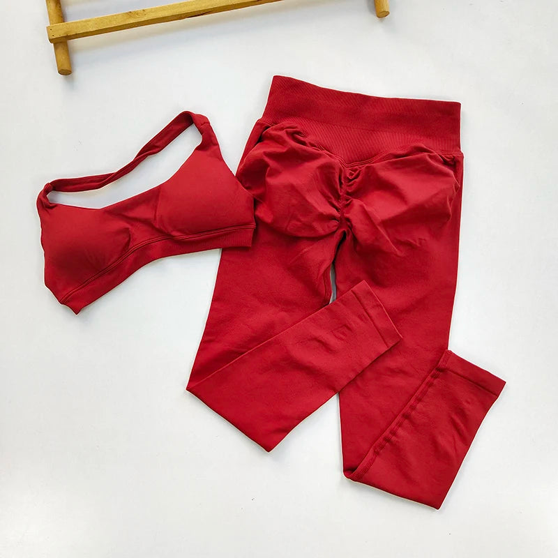 2 PCS Set 12 Colors Sports Suit Women's Running Seamless Yoga Thin Straps Beautiful Back Fitness Bras Gym High-waisted Peach Leggings Sets