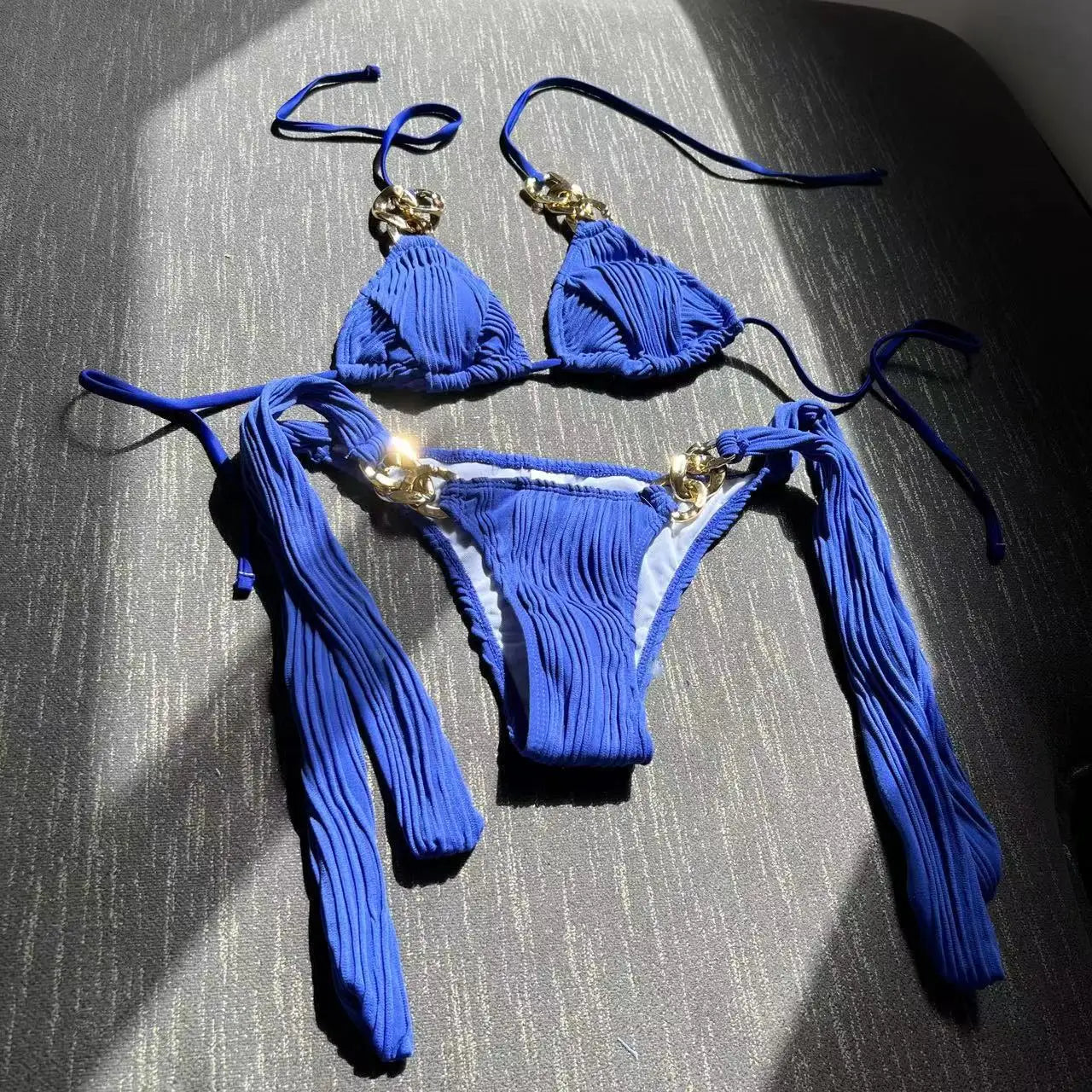 NEW Arrivals 2PCS Set  8 Colors Sexy String Halter Bikinis Solid Swimsuit New Chain Linked Swimwear Women Chain Strappy Bathing Suit Girls Ladies Sexy Beach Swimsuit