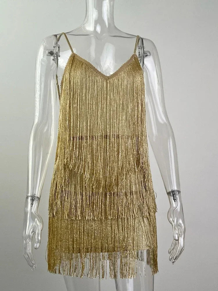 S-XL UK Size Black/Silvery/Gold Color Women Sexy Deep V-Neck Spaghetti Straps Fringe Bodycon Mini Dress Tassels Backless Gatsby Cocktail Night Club Prom Latin Dance Evening Party Dresses