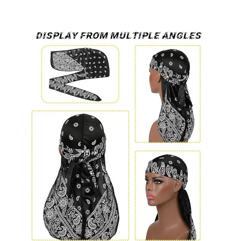 New Men Satin Paisley 8 Colors  Durag Turban Bandanas Headwear Silky Durag Doo Rag Long Tail Pirate Hat Wave Caps Hair Accessories