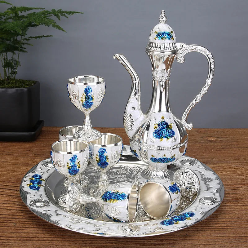 New Arrival 8 Colors Elegant Golden White Wine Set Court Wine Jug Cups Plate Set Home Bar Exquisite Decor