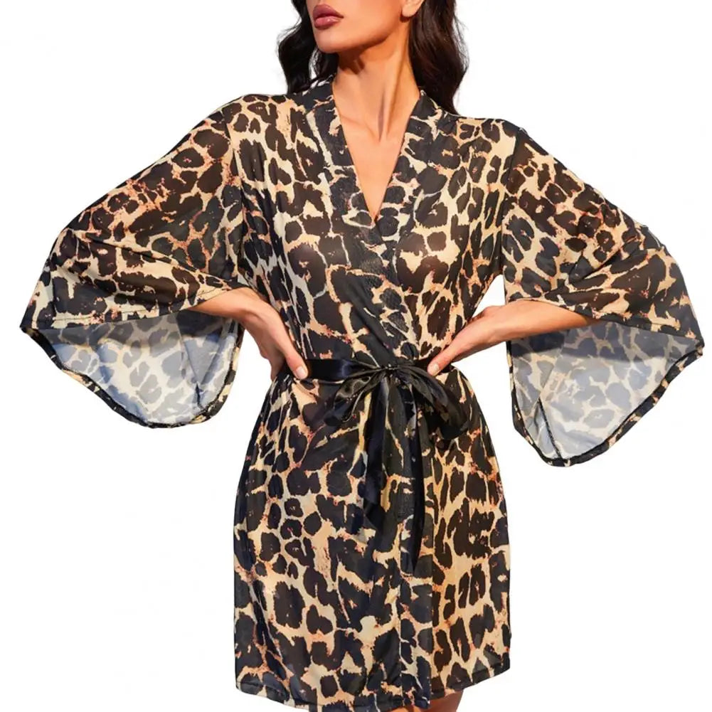 NEW Arrivals Sexy Lady Nightgown With Adjustable Waist Ties Leopard Cardigan Three Quarter Sleeves Home Wear Nightgown Bedroom Bathroom Robes Sleepwear Girls Ladies Luxury Lingerie Fashion Apparel Supplies