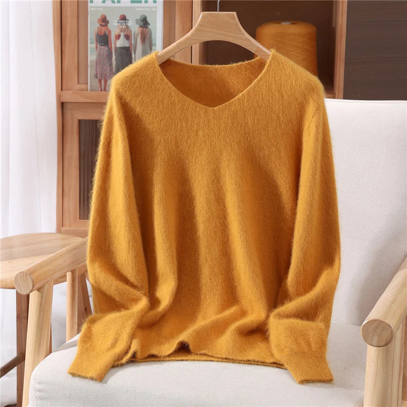 100% Mink Uzbekistan Cashmere 10 Colors S-3XL UK Plus Size Sweater Women's Autumn Winter New Style Solid Color V-Neck Knitted Top Quality Sweater Versatile Loose Base Top