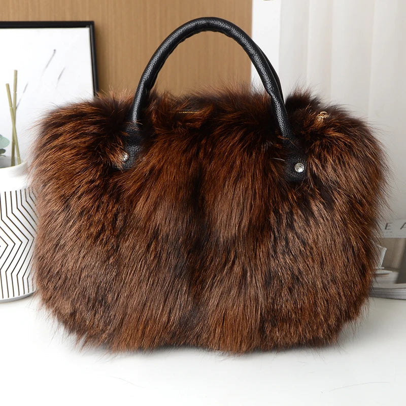 Luxurious Real Natural Red Fox Fur Handbag Women Single Shoulder Crossbody Bags Lady Clutch Bag Tote Bag Winter Outdoor Evening Travel  Ladies Warm Shoulder Bags Female Women Luxury Fashion Clothing Accessories Products