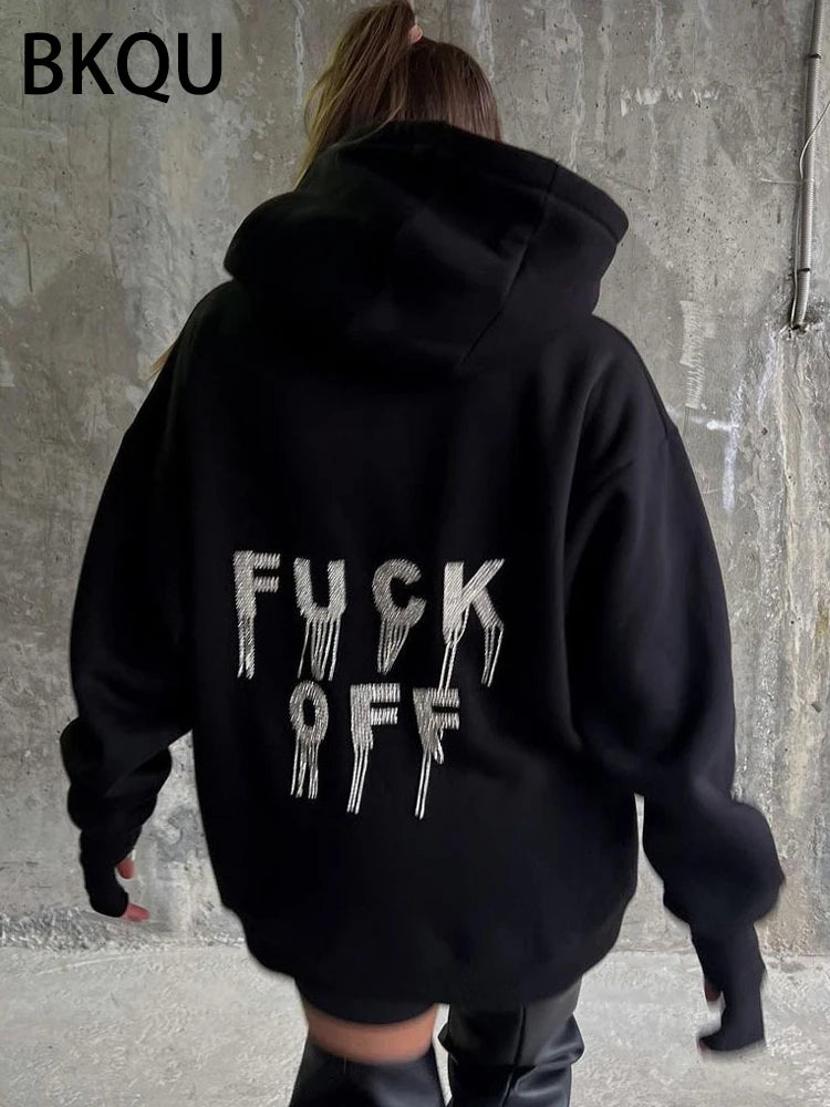 Chain Tassel Oversized Hooded Sweatshirts Goth Punk Streetwear Rhinestones Letter Loose Hoodie Women 2023 Fashion Diamond
