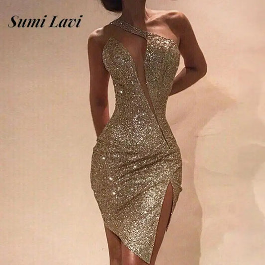 Low-Price Sales are Limited NEW Silver/Gold Luxury Elegant Women Sleeveless Irregular Designer Dress Sexy Slant Neck Sequin Hip Wrap Dress One Shoulder Slim Split Evening Party Business Dinner Dresses Ladies Luxury Fashion Cl