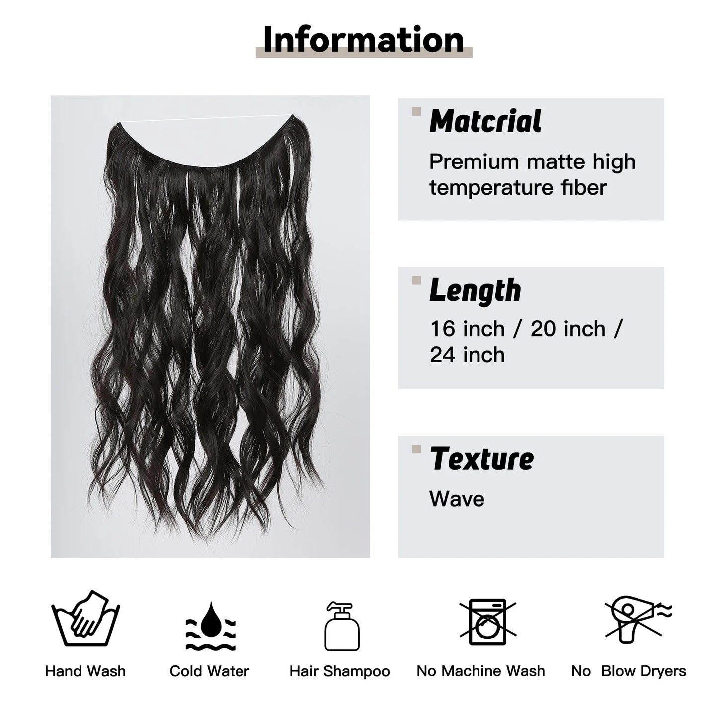 Long Wavy Synthetic Hair Extension Black Invisible No Clip Hair Extension Once Piece Fish Line Hairpiece Natural Hair for Women