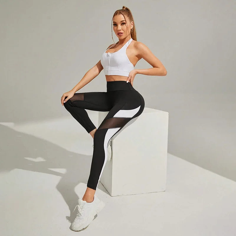 Mesh Colorblocked High Waist Yoga Pants Leggings for Women Tummy Control Workout Leggings for Women