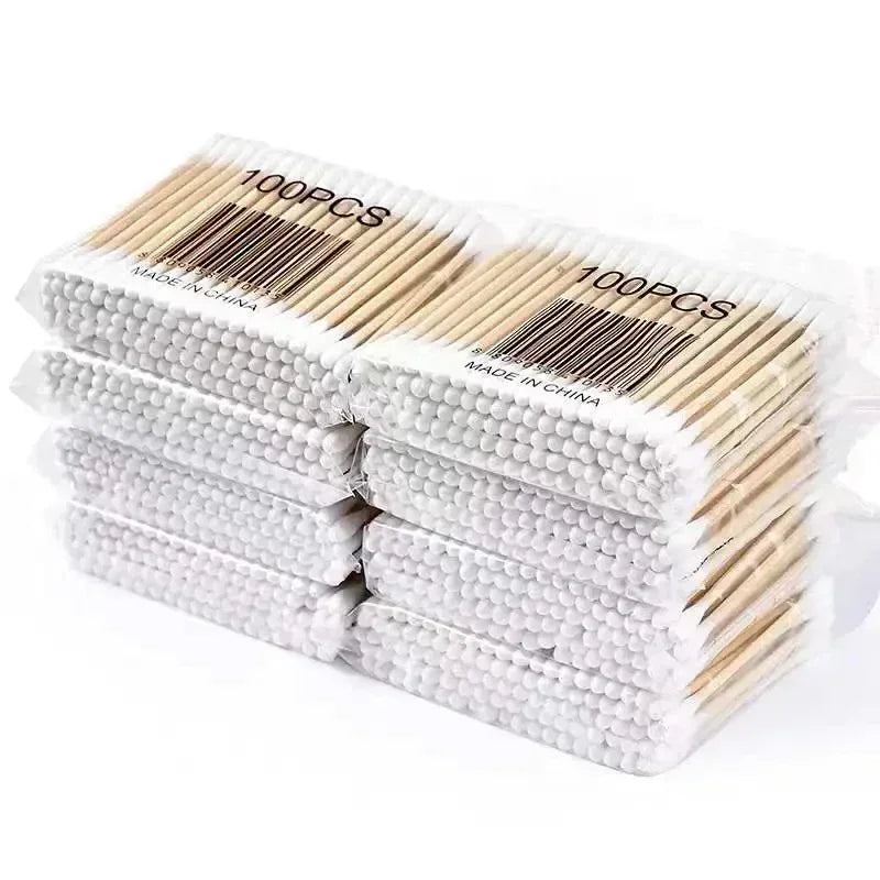 500 PCS Set Bamboo Cotton Swabs with Wooden Sticks, Double Round Tips, Biodegradable Cotton Buds Multi-Purposes Cleaning Hygiene Supplies