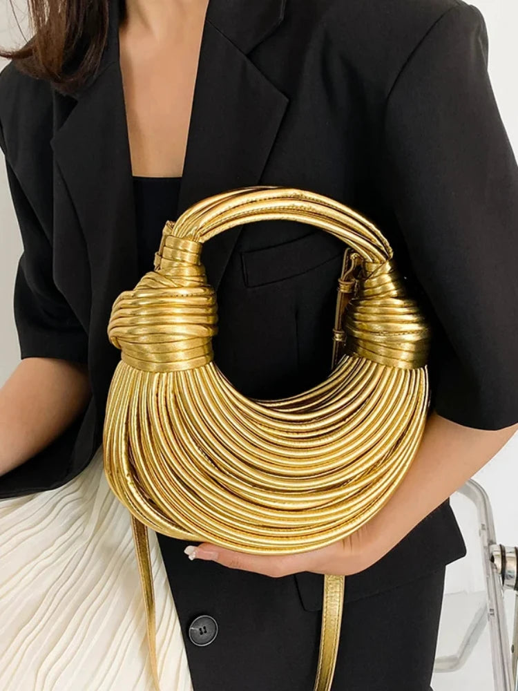 New Bags for Women Gold Luxury Rope Knotted Handbag Handwoven Noodle Underarm Dumpling Handbags Party Silver Evening Clutch