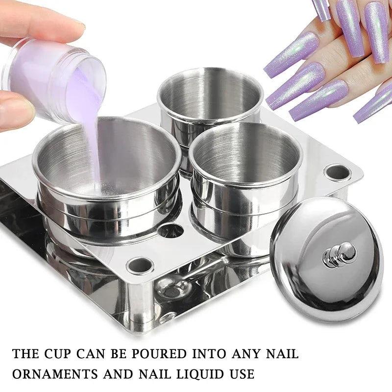 3pcs/Set Manicure Acrylic Liquid Powder Stainless Steel Container Tray Dish Disinfectant Cup With Metal Lid Nail Art Tool