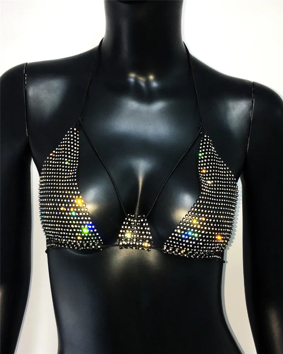 Women Sexy Hollow Fishnet Bra Tank Top Y2K Summer Sexy Backless V Neck See Through Mesh Camisole Shiny Rhinestone Rave Evening Party Night Clubwear  Crop Top