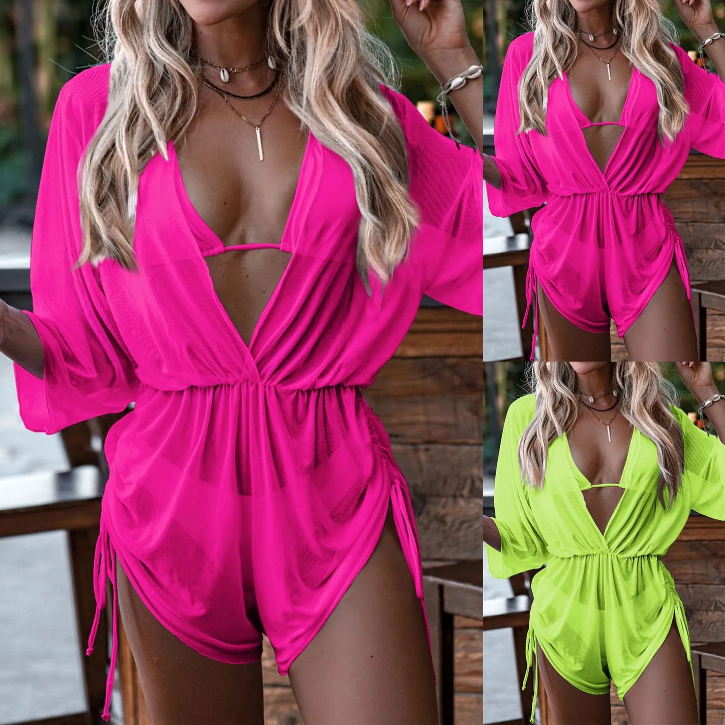 Women's Summer Beach Swimwear Bikini Cover Up Three Piece Sexy Mesh Cover Up Three Pointed Bikini Swimsuit Fashion Beachwear