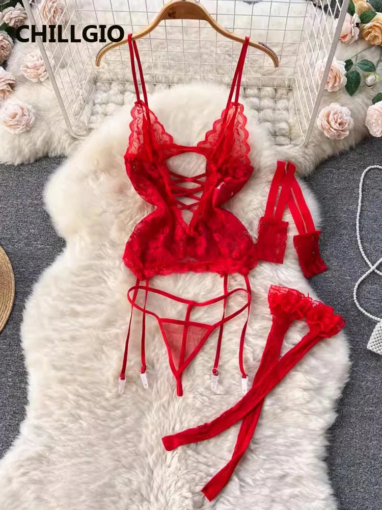 Women Transparent Floral Lace Bra Brief Suit Fashion Tight Erotic Underwear 3 Piece Sexy Intimate Lingerie Stocking Set