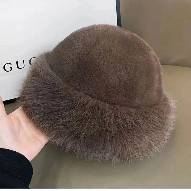 Beige White Women's Fox Fur Fisherman Hat Mongolian Warm Ear Protection Winter Cap White Plush Hat Soft Cozy Hat Fashionable Knitted Cap