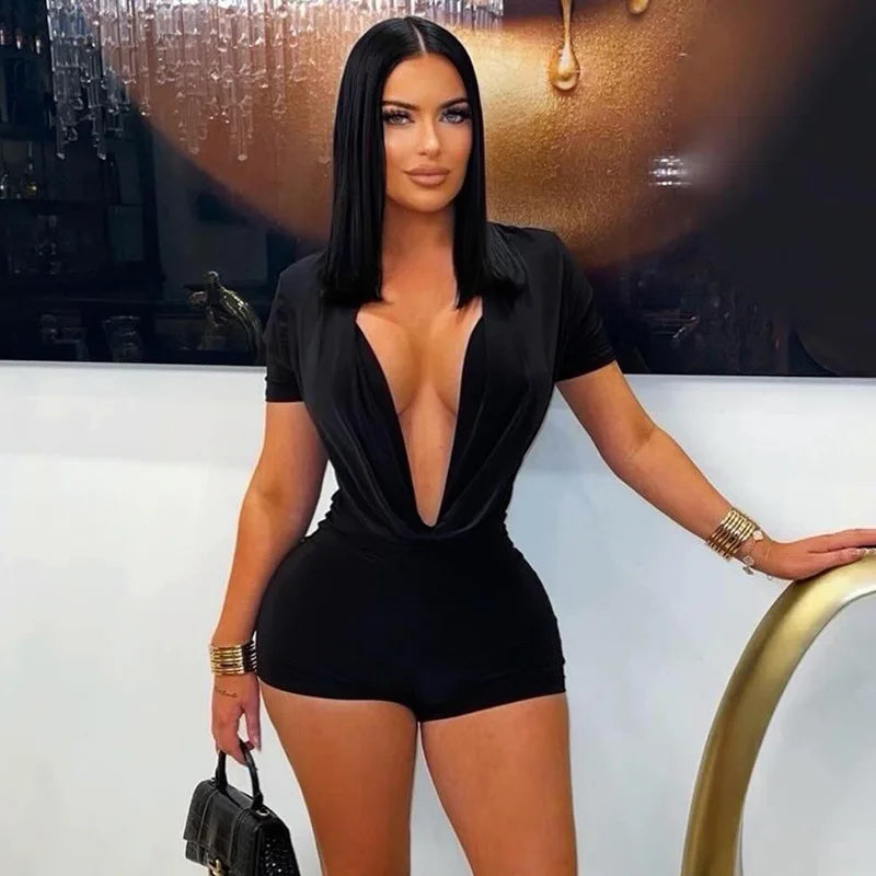 Black/White/Brown Color Spring New Ruched Deep V Bodycon Rompers Women Short Sleeve Slim Jumpsuits Sexy Solid Overalls Streetwear Evening Beach Party Midnight Clubwear