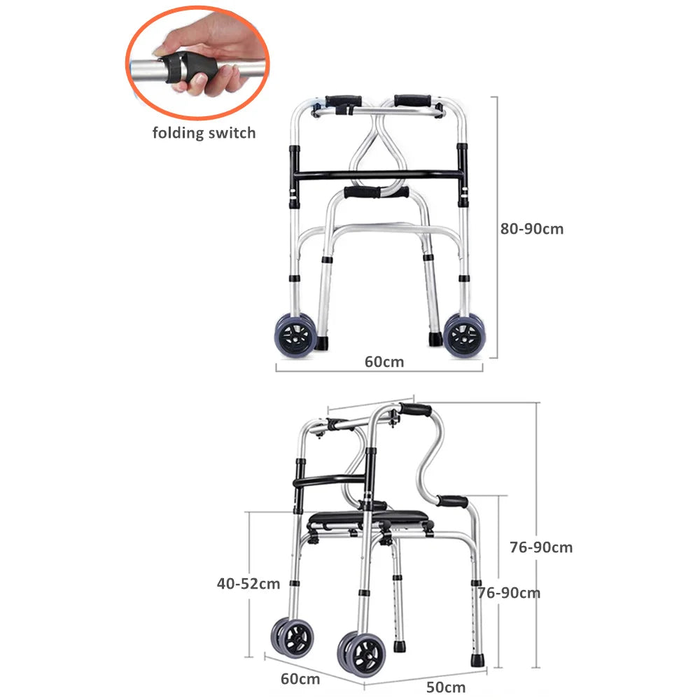 Elderly Disabled Paralyzed People Home Indoor Outdoor Hiking Super Market Shopping Folding Seat Walker With Wheels Rehabilitation Equipment Zimmer Frame Mobility Accessories Health Care Supplies