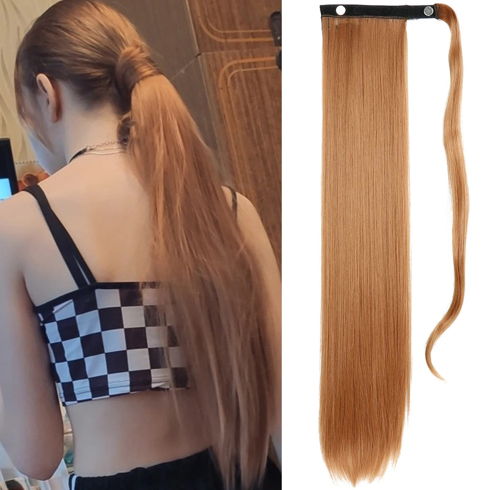 NEW  Synthetic Long Straight Wrap Around Clip In Ponytail Hair Extension Can Be Permed Heat Resistant Pony Tail Fake Hair