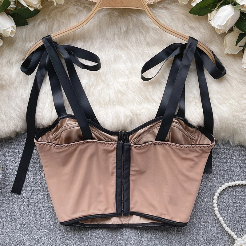 Women Summer Lace Up Straps Crop Tops Mesh Patchwork Stripe Sexy Tank Top Beach Streetwear Tube Tops Spring Girls Female Sexy Fashion Clothing Accessories Supplies