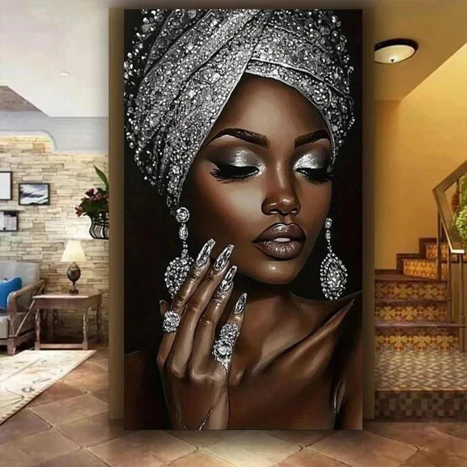 100 x 200cm Silver Gemstone African Women Diy Full Round Diamond Painting Kit Full Drill Mosaic Art Diamond Embroidery Craft, Home Decor
