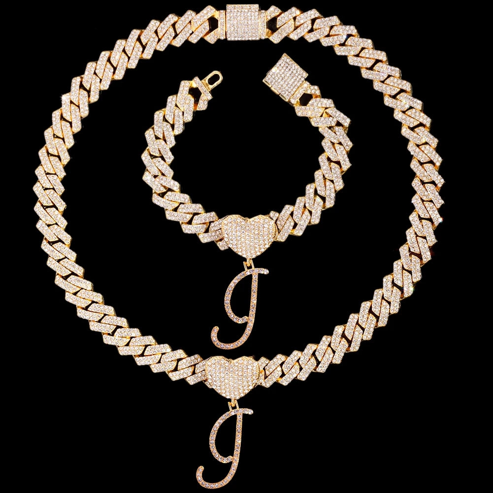 2 PCS Set New Fashion A-Z Initial Cursive Letter Luxury Rhinestones Pendant Cuban Necklace for Women Iced Out Cuban Link Chain Necklace Set Jewelry