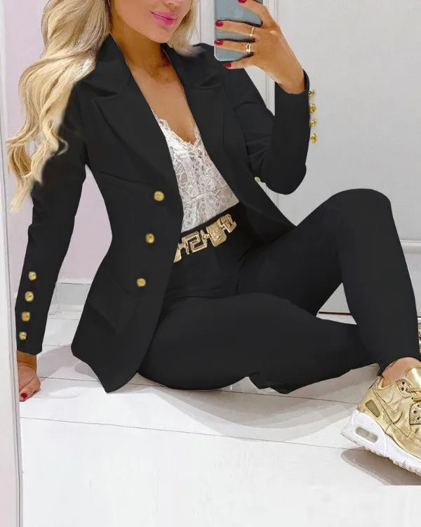 NEW Arrivals S-2XL-2PCS Set- 5 Colors Casual Solid Suit Coat Pants Set Office Lady Autumn Spring Elegant Long Sleeve Top Trousers Women Evening Night Club Party Business Dinner Outfit Girls Ladies Luxury Fashion Clothing Supp