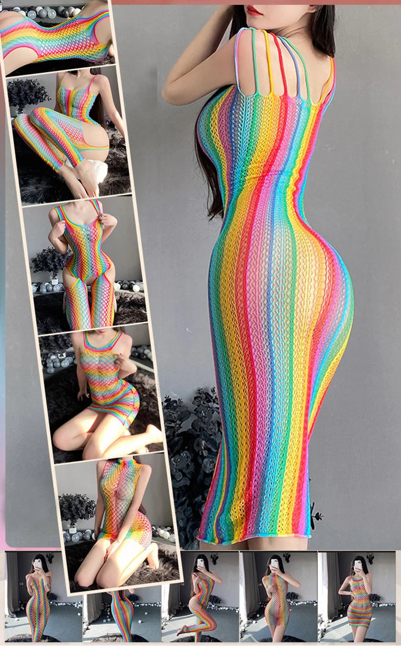 Pride Rainbow Hollow Out Dress Bikini See Through Lace Cover Up Women Swimwear Clothing Babydolls Sexy Lingerie Colorful Fishnet Skirt