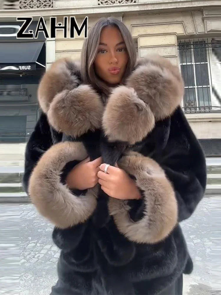 NEW UK Size Black/White/Gray Color Elegant Collar Fur Lace Up Coat Women Loose Full Sleeve Open Stitch Lapel Warm Coats Female Autumn Winter Thicken Top New Girls Winter Outwear