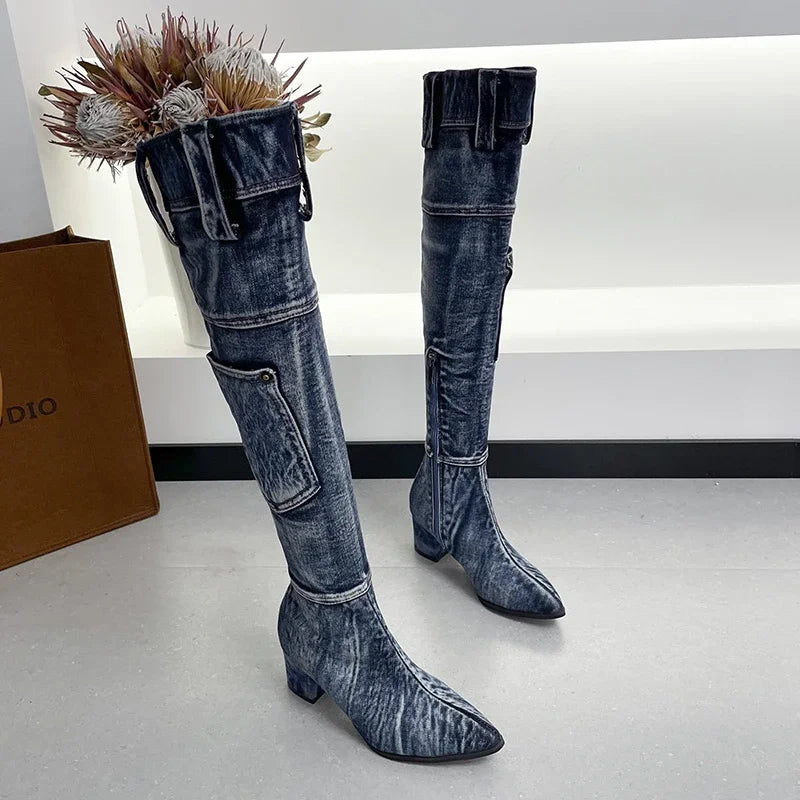 2022 Sexy Jean Boots Women's Knee-High Boot Zipper 6CM High Heel Woman Stylish Jeans Boots Ladies Denim Boot Female Shoes Cowboy