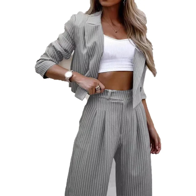 NEW Arrivals 2PCS Set UK S-2XL Size Black/Gray/Blue Women's Blazer Casual Striped Short Lapel Suit And Straight Pants + Jacket Suit Women's Streetwear Evening Party Night Club Suit