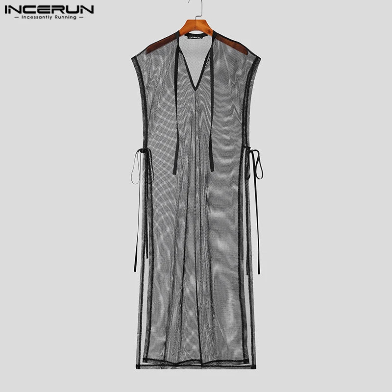 Stylish Casual Style Tops INCERUN Men's Sexy See-through Mesh Long-style Tank Tops Male V-neck Strap Sleeveless Thin Vests S-5XL