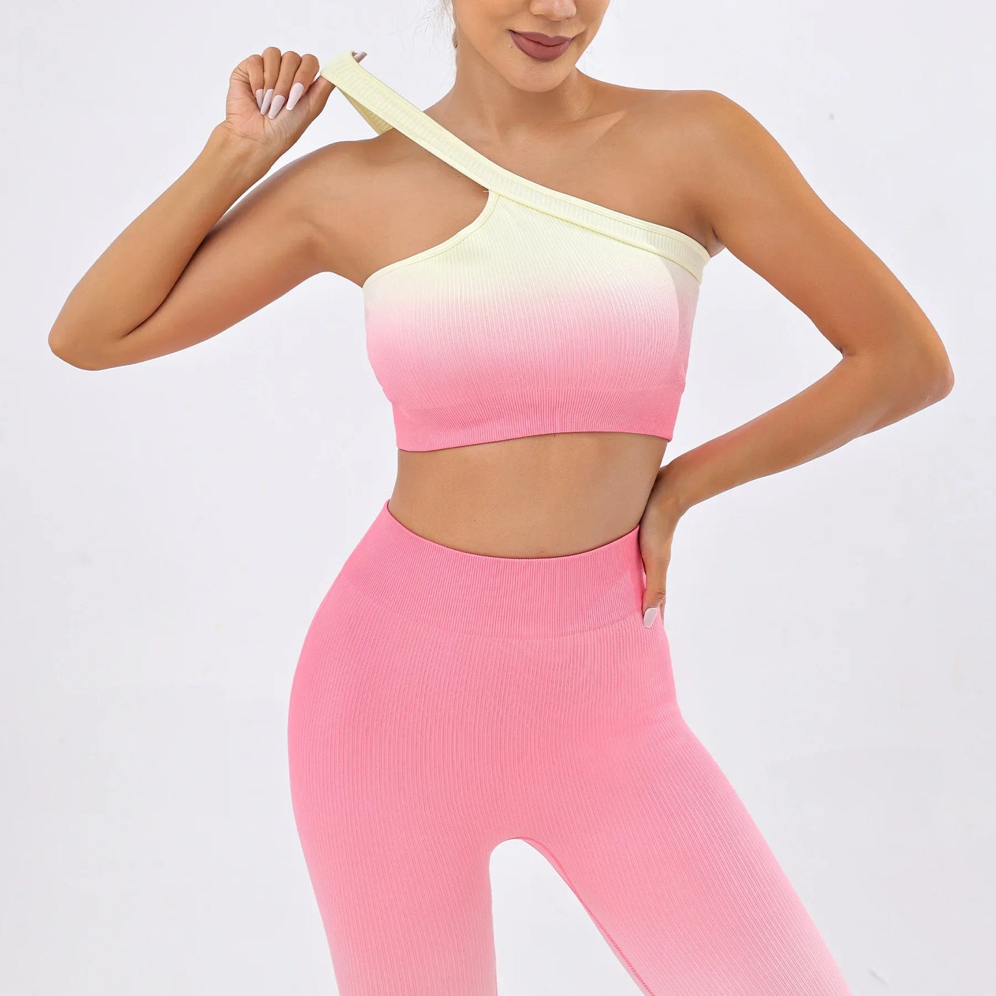 New European Style Gradient Color Seamless Yoga Suit Women's Sexy Single Shoulder Yoga Vest Push Up Leggings Trousers