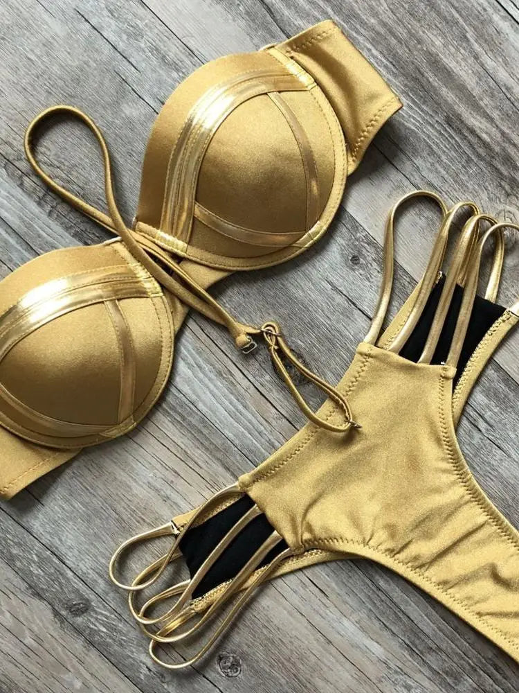 Gold Stamping Bikini Set Sexy Padded Women Swimsuit Push Up Bandeau Swimwear Summer Beachwear Brazil Bathing Suit