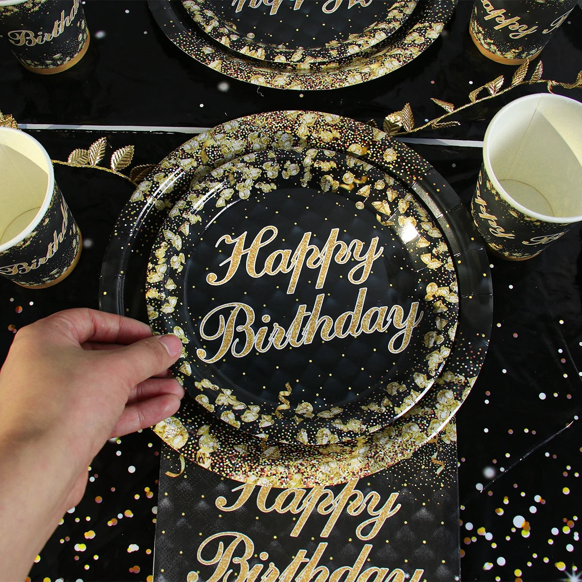 Black Gold Disposable Tableware Paper Plates Cup Happy Birthday Party Decoration 30 40 50 60 Baby Shower Birthday Party Supplies