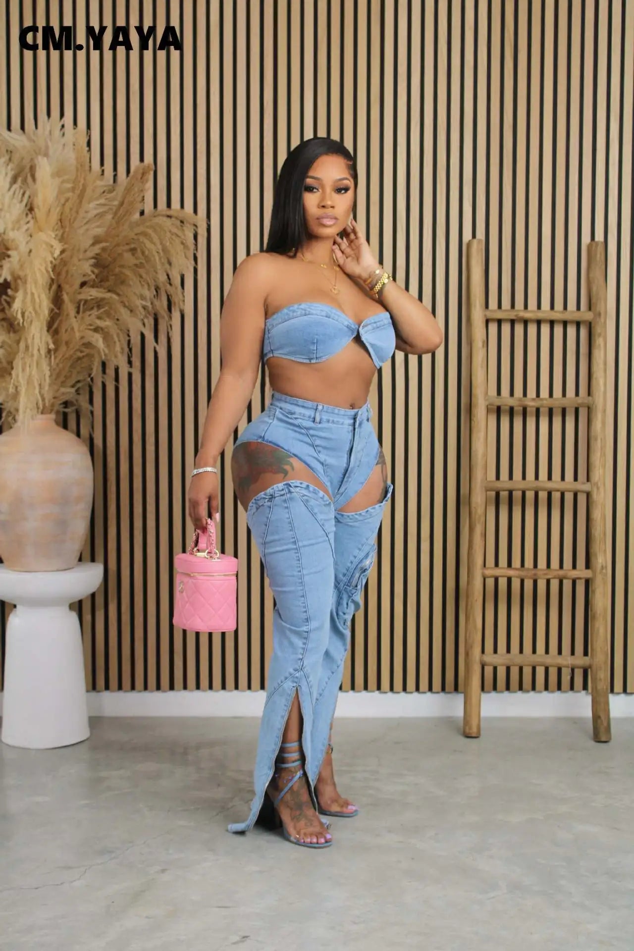 Fashion Denim Women's Set Strapless Bra Crop Top and Slit Jeans Pants Suits Sexy Party Club Two 2 Piece Set Outfits