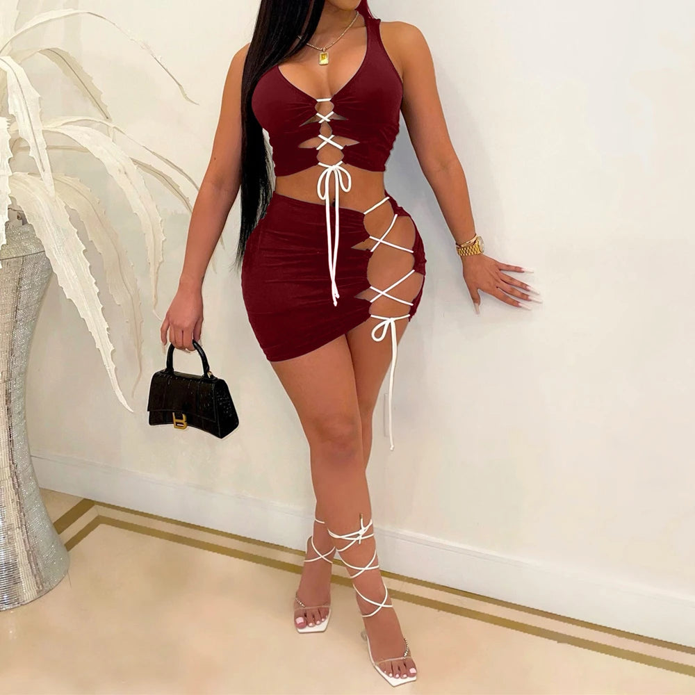 2 PCS Set Black and Orange Color Summer Women Sexy Lace Up Hollow Out Crop Tank Top And Bodycon Mini Skirt Asymmetrical Tracksuit New Fashion Streetwear Evening Party Night Clubwear Outfits