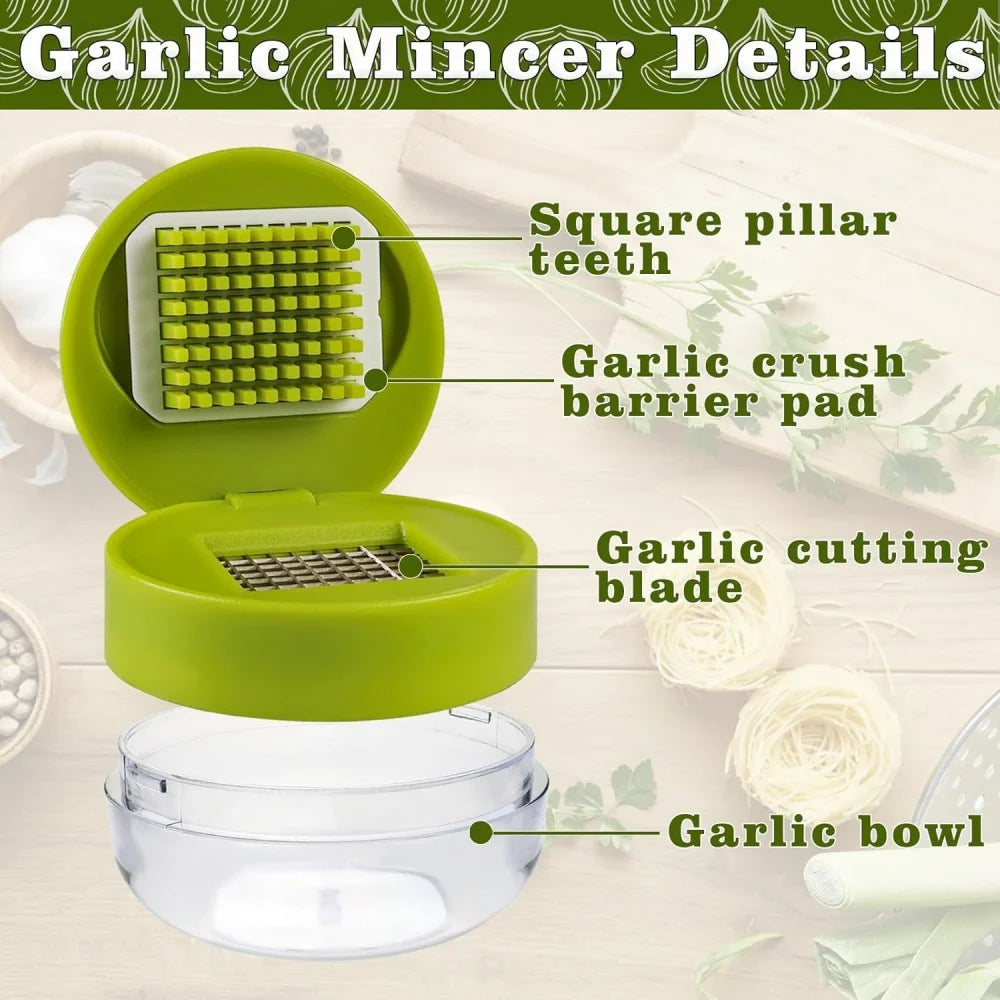 Multifunctional Garlic Press Manual Mincer， ABS and Stainless Steel Garlic Slicer Handheld Ginger Masher with Storage Case Kitchen Tools