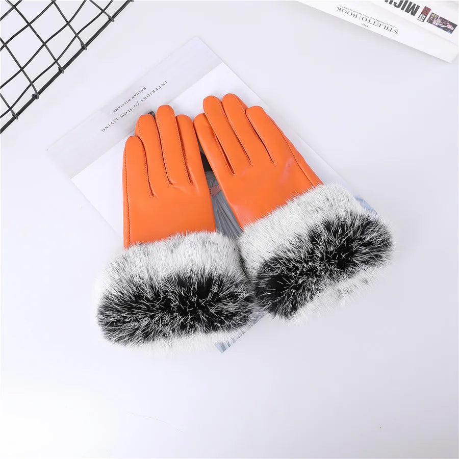 New Arrivals Women's Luxury Real Sheepskin Leather Gloves With Real Natural Rabbit Fur Cuffs Female Formal Evening Party Business Dinner Warm Gloves Fleece Lining Touch Screen Gloves Ladies Luxury Fashion Apparel Accessories
