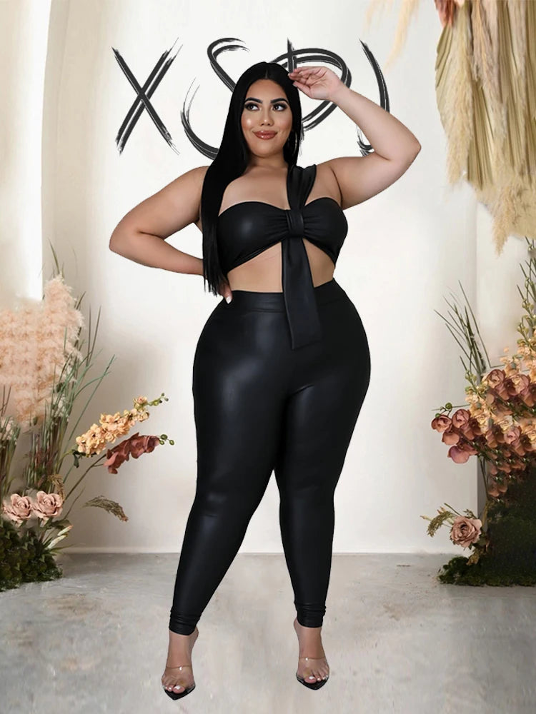 2 PCS Set L-4XL Plus Size  for Curvy Women Strapless Crop Top and Pants Tight Night Club Outfit Sexy Set Evening Summer Beach Party Suit