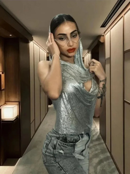 Fashion Metal Sequined Y2k Women Crop Top Tank Tops with Headscarf Metallic Sequins Sexy Backless Hollow Out Halter Corset top