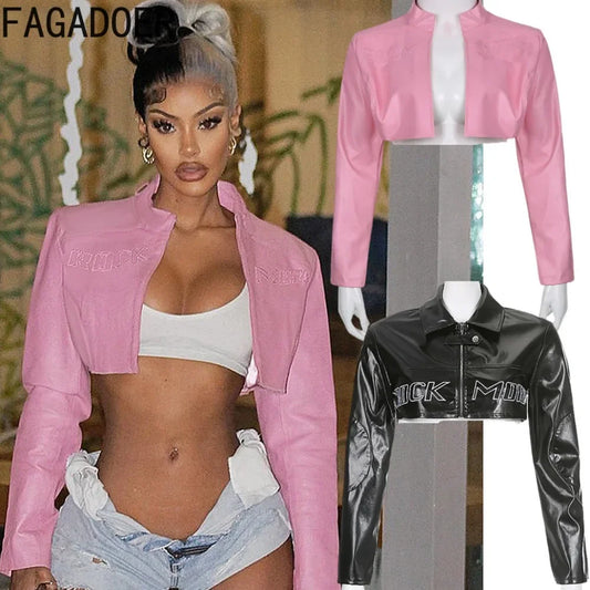 NEW Arrivals Black/Pink  Y2K Punk Gothic Leather Jacket Women Cropped Lapel Letter Embroidery Moto Jackets Coat Short Female Streetwear Night Club Mini Jacket Evening Rave Party Girls Casual Fashion Clothing Supplies