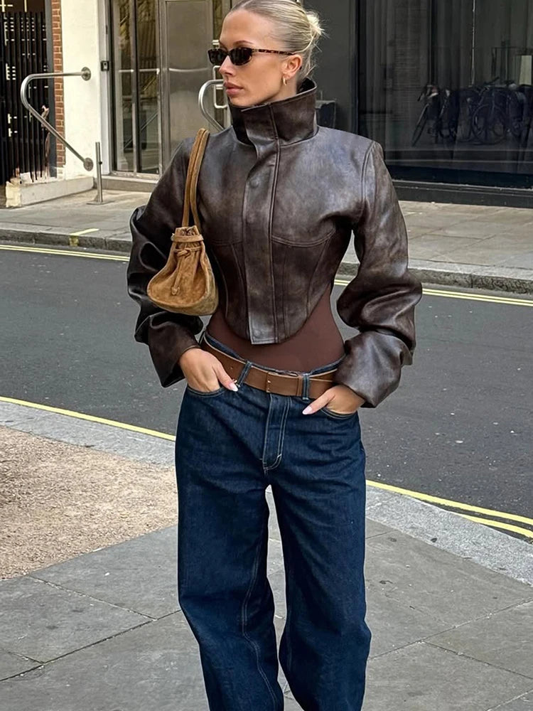 UK Size Brown/Black Color Wild PU Leather Irregular Crop Jacket Women Turtleneck Zip Button Full Sleeve Sexy Hottie Street Midnight Club Hipster Coat